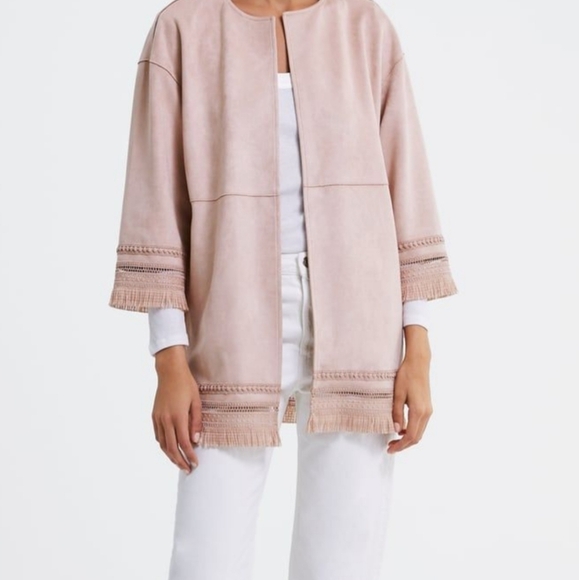 Women's Zara Jacket Faux Suede Fringe 3/4 Sleeves Light Dusty Pink Rose Medium M - Picture 5 of 15